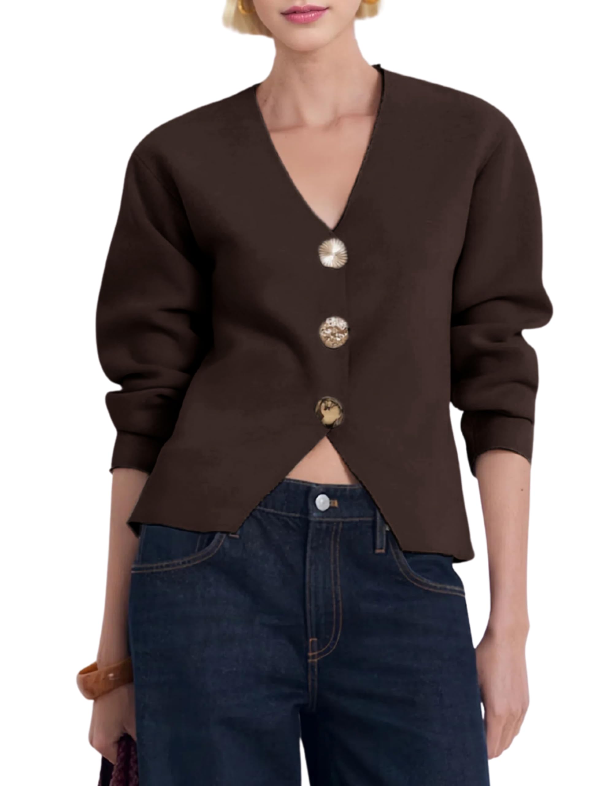 Daacee Cardigan Sweaters for Women V Neck Long Sleeve Gold Button Down Knit Cardigans Tops Outwear
