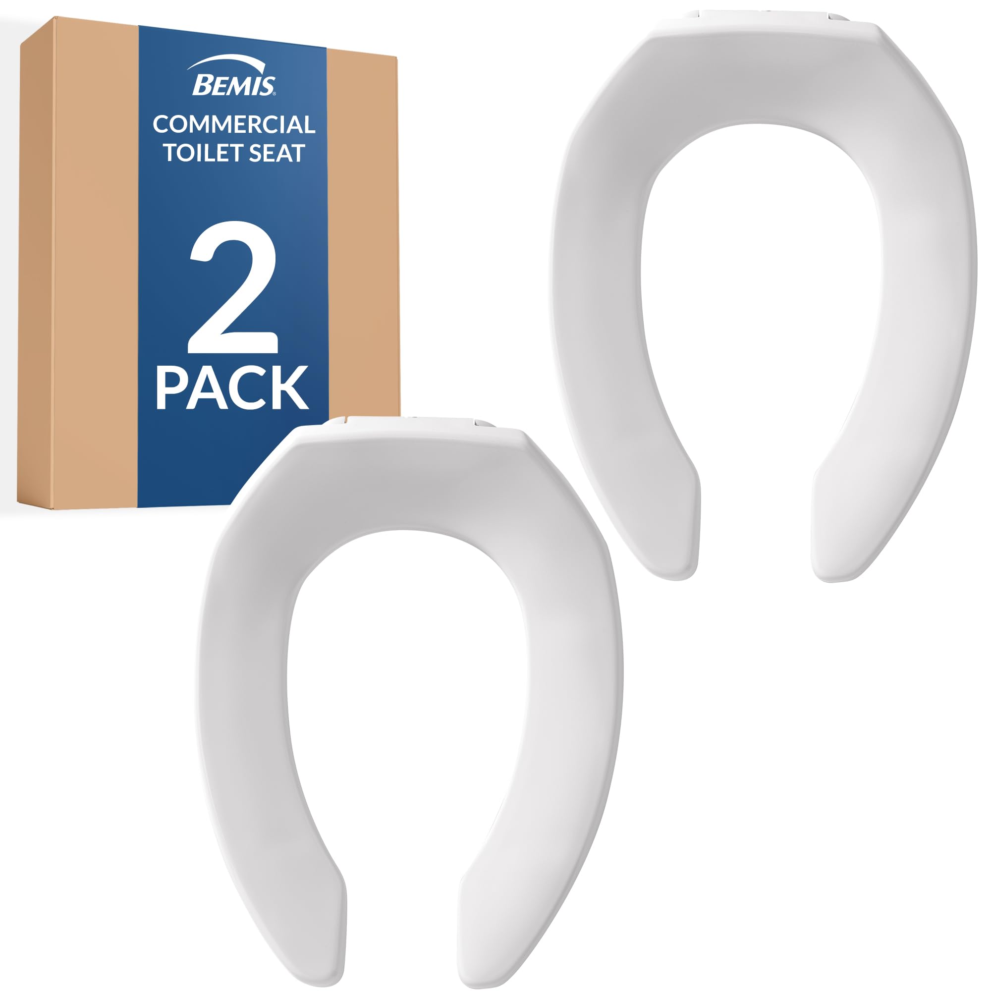 Bemis 2 Pack Commercial Open Front Plastic Toilet Seat, Heavy Duty Industrial Seat without Lid, Secure Installation for Long Lasting Use, Elongated, White, 1955CT