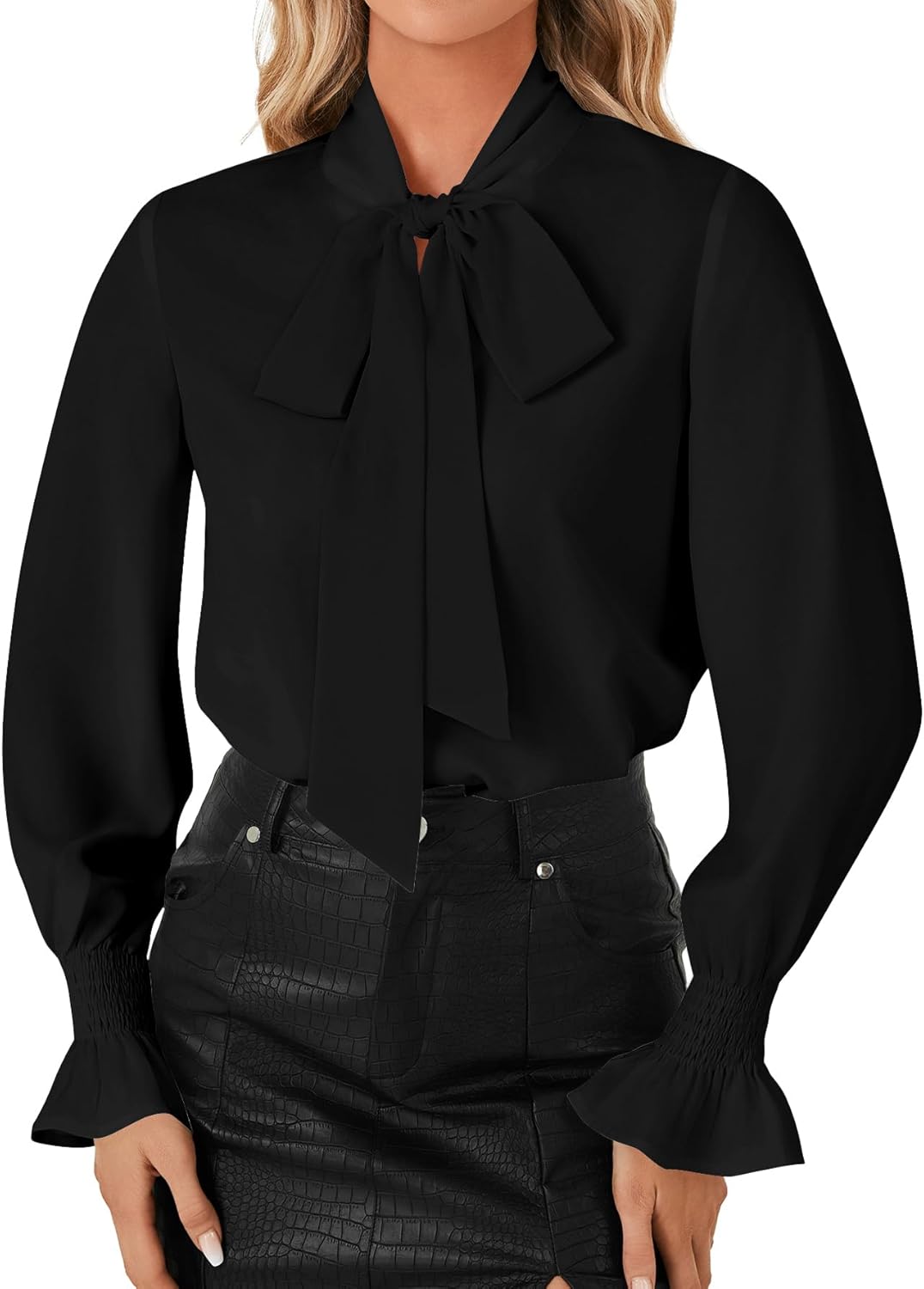 LYANER Women's Bow Tie Front Smocked Long Sleeve Blouse Elegant Office Shirt Top