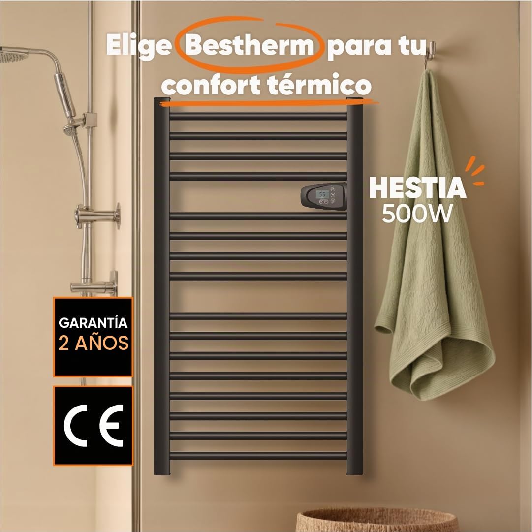 BESTHERM HESTIA - Secador de toalla eléctrico sin fluido, 500 W, H.98 x 54 cm, color negro
