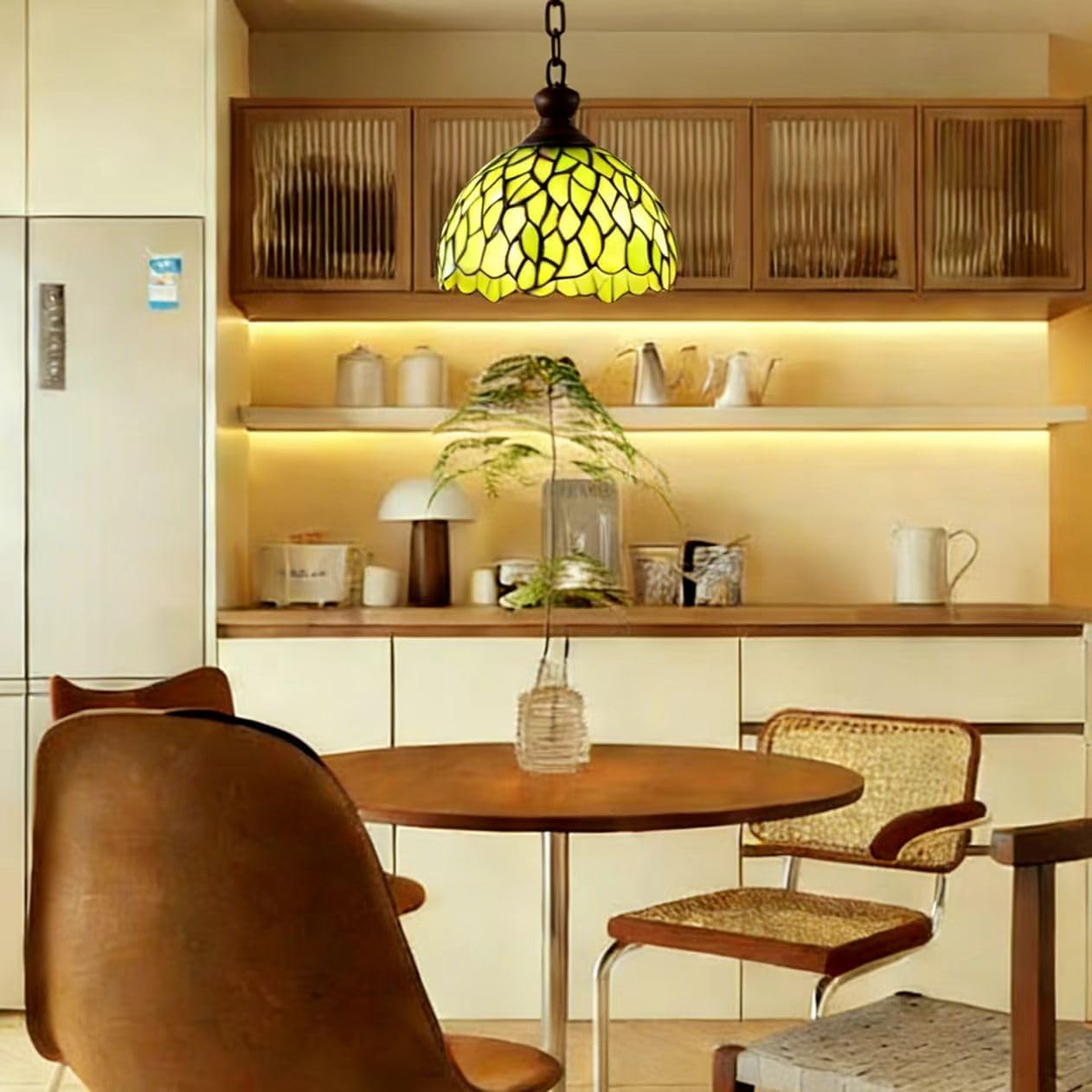 Tiffany Style Pendant Light, 8" Green Stained Glass Hanging lamp Vintage Chandelier Rustic Ceiling Lights for Kitchen Island, Dining Room, Boutique Inn & Cafe