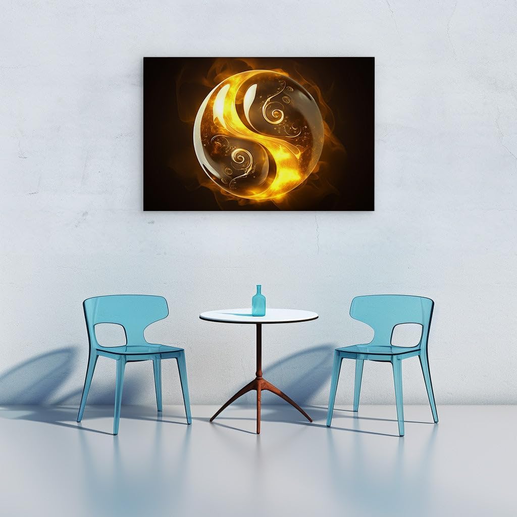 Canvas for Living room. Golden Swirls and Fiery Spheres: A Vision of Yin and Yang in Flames, 27 x 18 inch Canvas Wall Art - Abstract By Atmosphere - Modern Home Decor