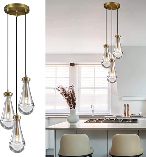 Joyunleo Brass 3 Light Pendant Lighting for Kitchen Island, Raindrop Cluster Pendant Light Fixture, Adjustable Hanging Rope Glass Chandelier Dining