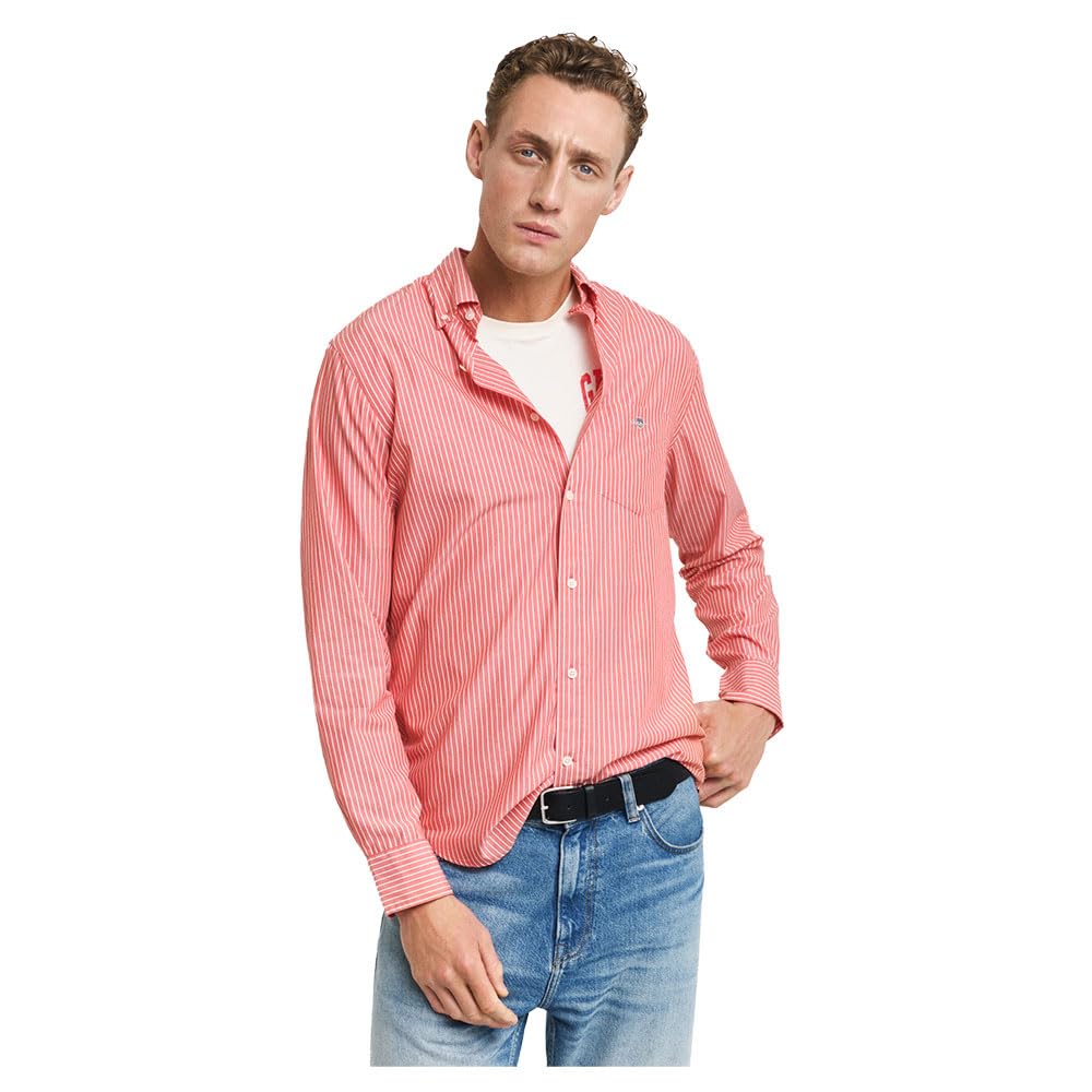 GANT Men's Reg Classic Poplin Stripe Shirt Dress, Strong Coral, XL