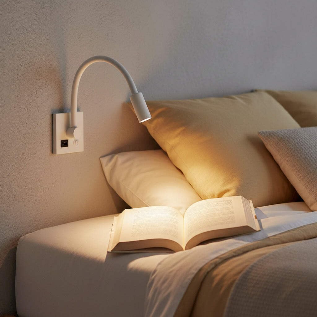 White Recessed Bedside Reading Light with Flexible Arm & USB Charging Port, 3W LED, 120lm Warm White 3000K, 30° Beam, Aluminium Body - 3 Year Guarantee