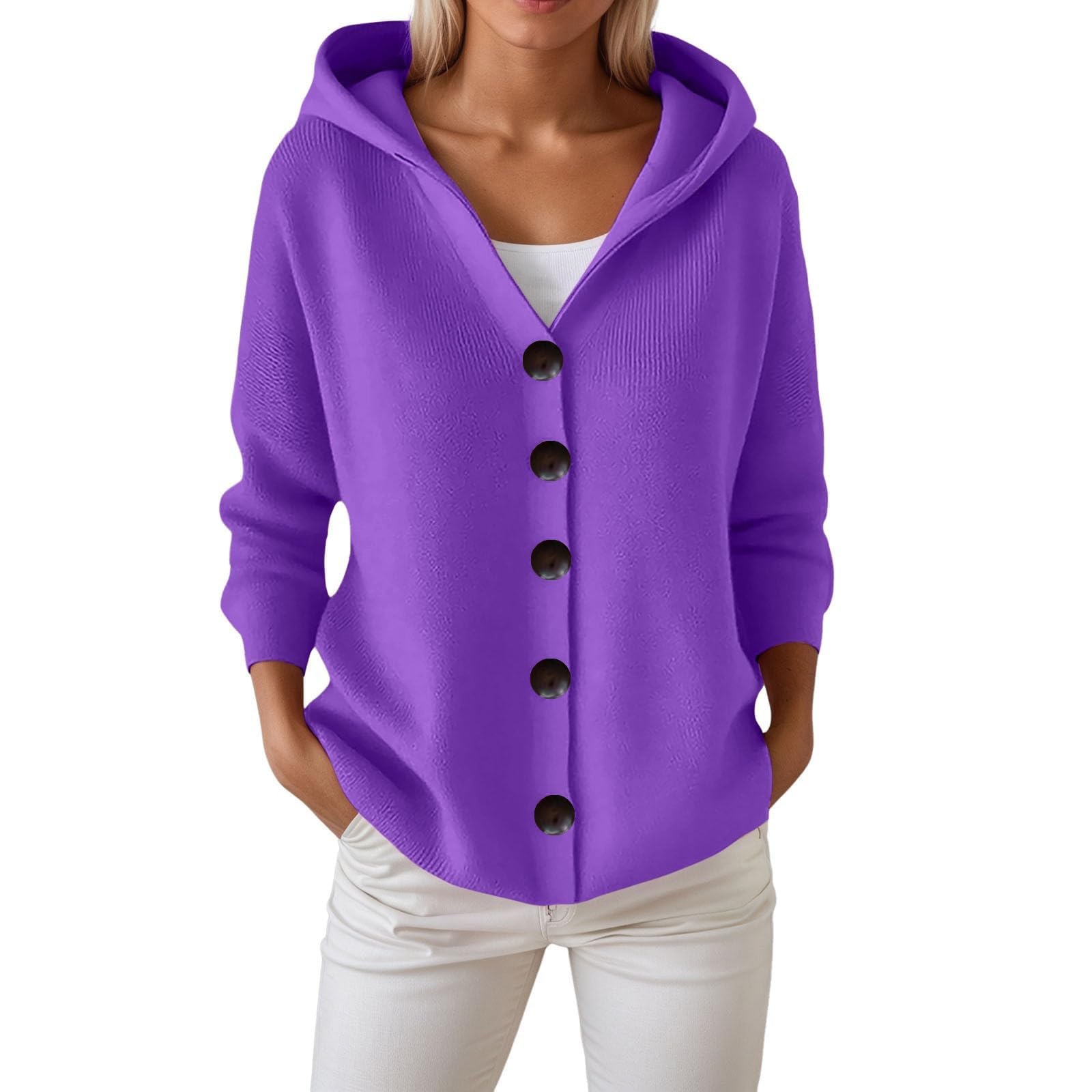 Hoodie Sweater for Women 2025 Open Front Button Up Sweaters Casual Long Sleeve V Neck Knit Outerwear Coats