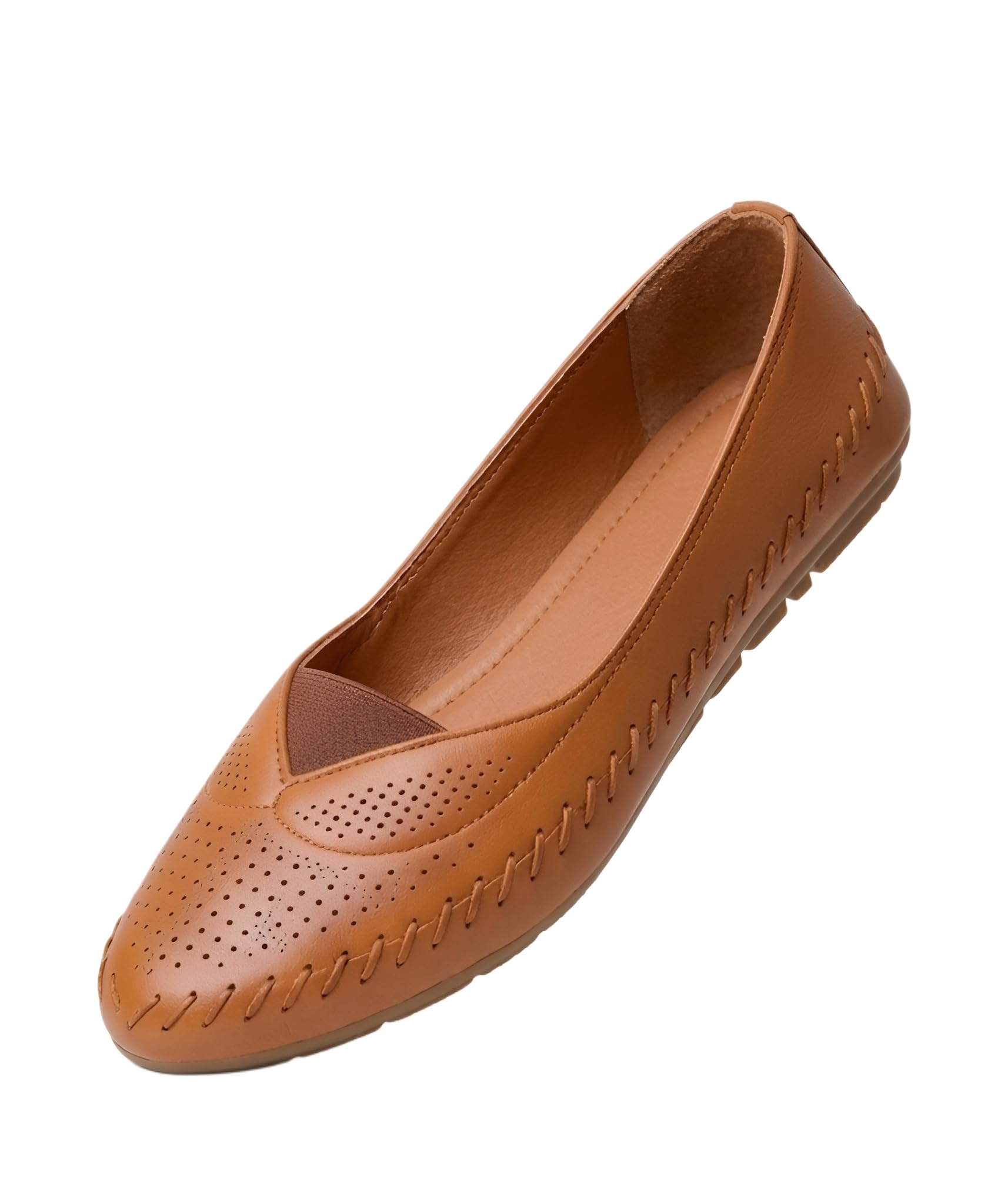 Comfort Walk Women's Perforated Leather Flats, Tan, Hand-Stitched, Breathable & Lightweight, Cushioned Insole, Flexible Sole-image-10