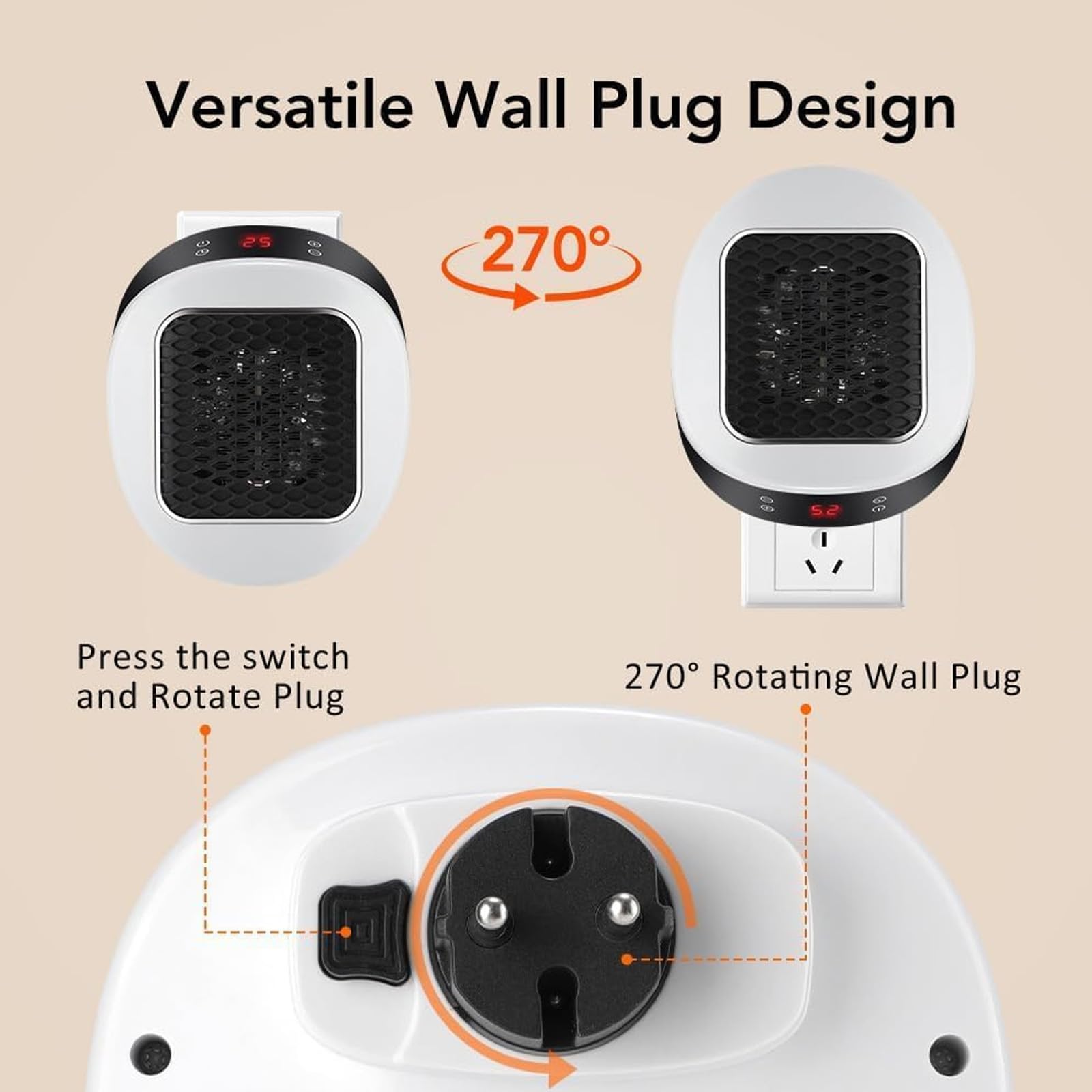Calefactor Portátil Luna para Dormitorio Y Oficina, Mini Enchufable con Mando A Distancia, Calentamiento Cerámico Rápido En 3 Segundos Temporizador De 12 Horas Black