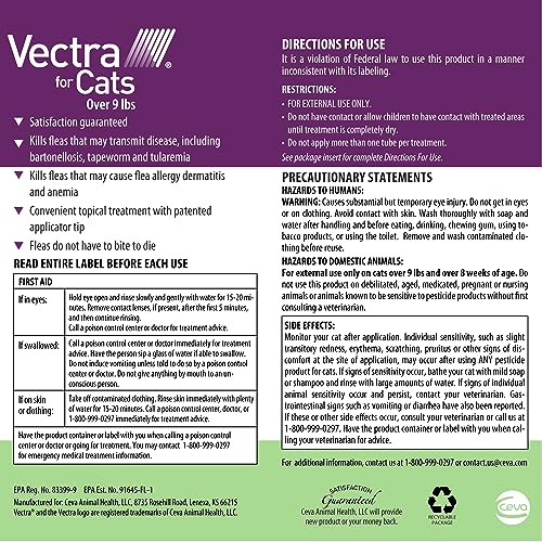 Vectra for Cats Flea Treatment & Prevention for Large Cats (Over 9 lbs.) 6-Month Supply | No Prescription Required, Easy to Apply Topical Flea Prevention, Quick Drying - Image 3