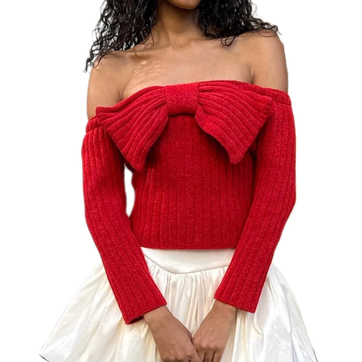 Women Y2K Vintage Off The Shoulder Sweater Big Bow Long Sleeve Rib Knit Crop Jumper Top Coquette Christmas