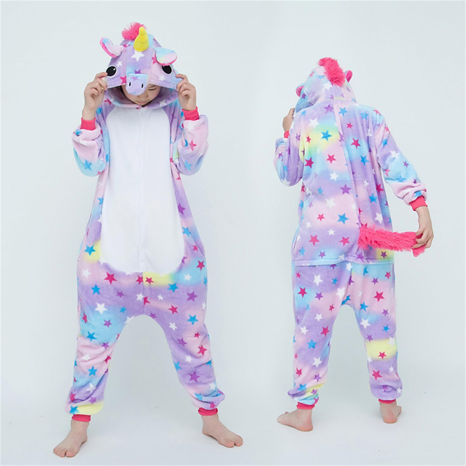 Unisex Kinder Einhorn Pyjamas Onesie Karton Animal Cosplay Fasching Kostüm Warm Gefüttert Body Overall Tier Nachtwäsche Karneval Weihnachten Xmas Pyjamas Sleepwear Jungen Mädchen
