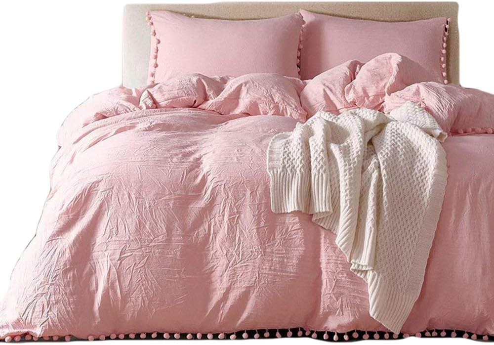 YEVEM Washed Cotton Full Queen 3 Piece Solid Coral Pink Duvet Cover Set with Pom Pom Zipper Closure Simple Bedding Set(1 Comforter Cover 2 Pillowcases)