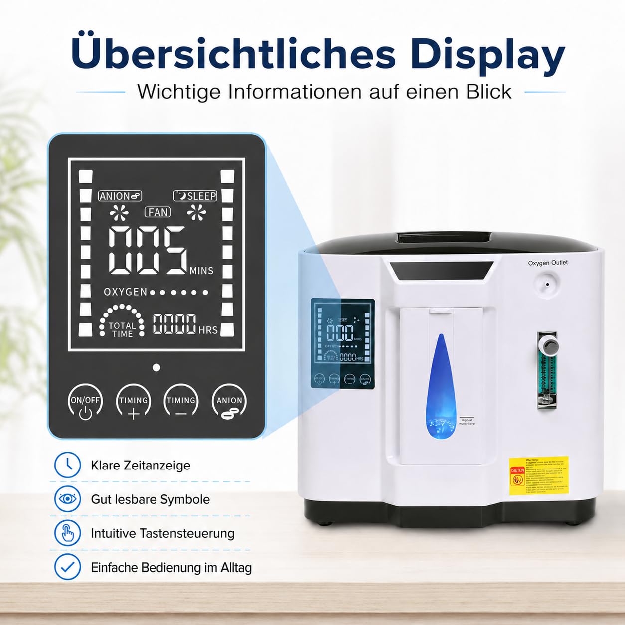 Sauerstoffkonzentrator, 1-7 L/min einstellbar, tragbares Gerät für Zuhause und Reise, 30-93% Sauerstoffkonzentration, Touch-Display, Timer, Fernbedienung, Negativ-Ionen-Modus