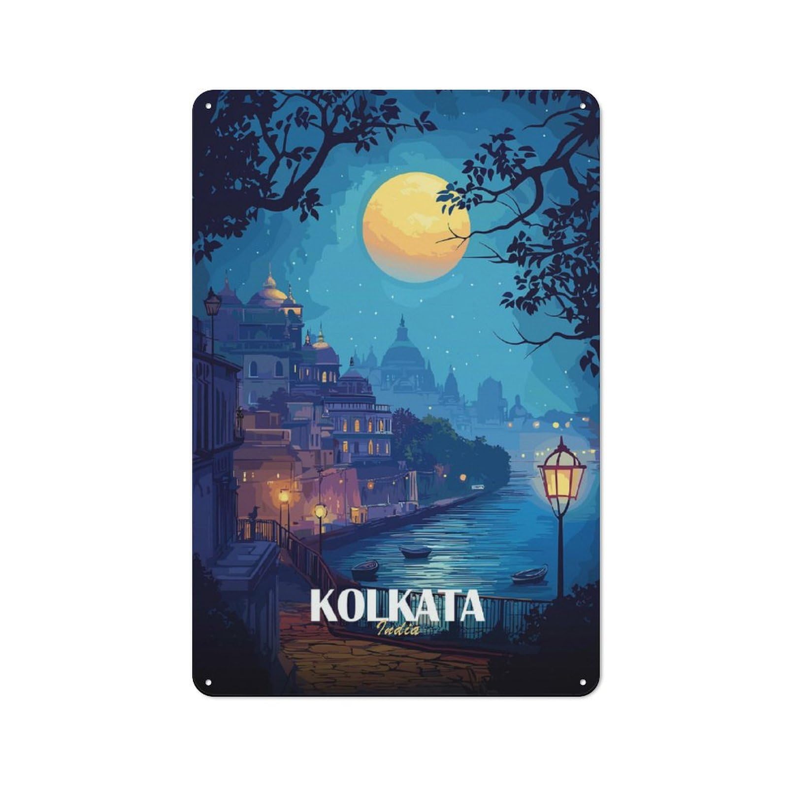 Junmoney Kolkata India Nightscape Illustration Tin Wall Plaque 30X20cm With For Hallway Wall, For Home Interiors, Feature Walls And Decorative Displays