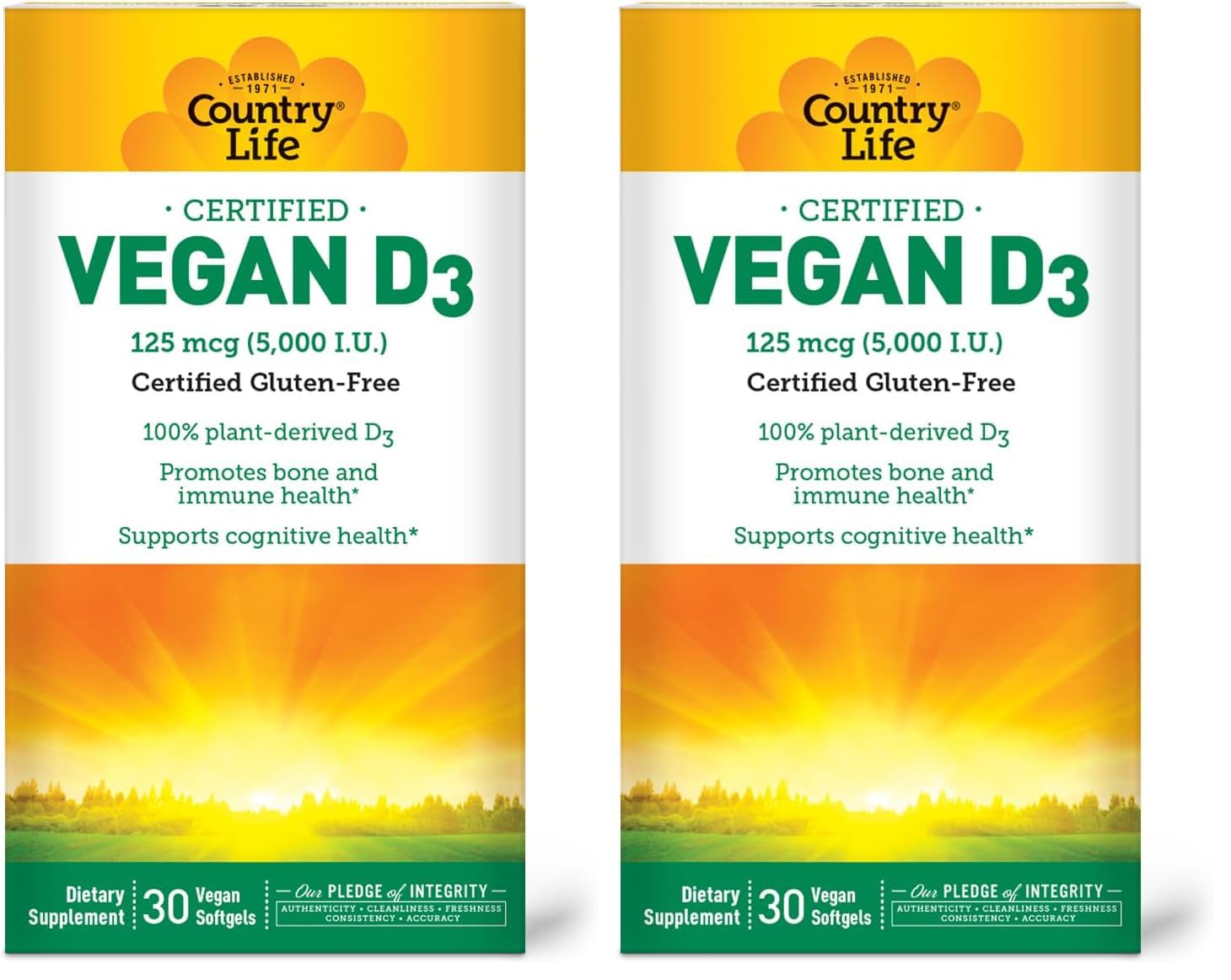 Country Life Vegan D3 5000 IU – Plant-Derived Vitamin D3 from Lichen – High Potency Immune & Bone Support – Certified Vegan, Gluten-Free, Non-GMO – 30 Softgels (Pack of 2) 30 Count (Pack of 2)