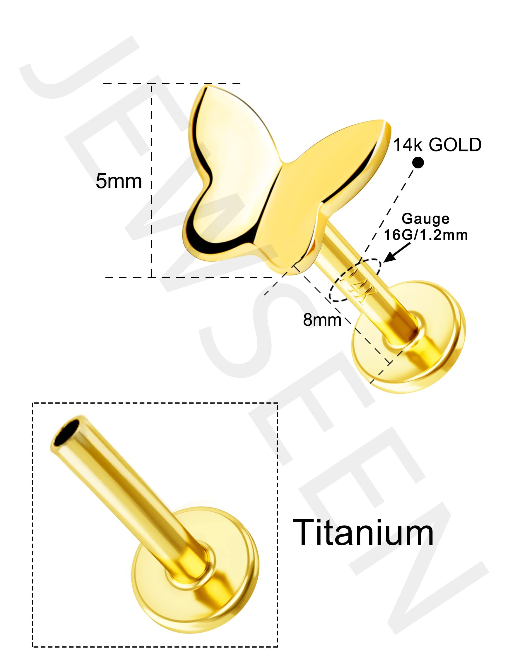 Jewseen 14K Solid Gold 16G Butterfly Nose Studs Threadless Flat Back Studs Helix Jewellery Cartilage Earrings Lip Labret Stud Tragus Stud Minimalist Earrings for Women Men