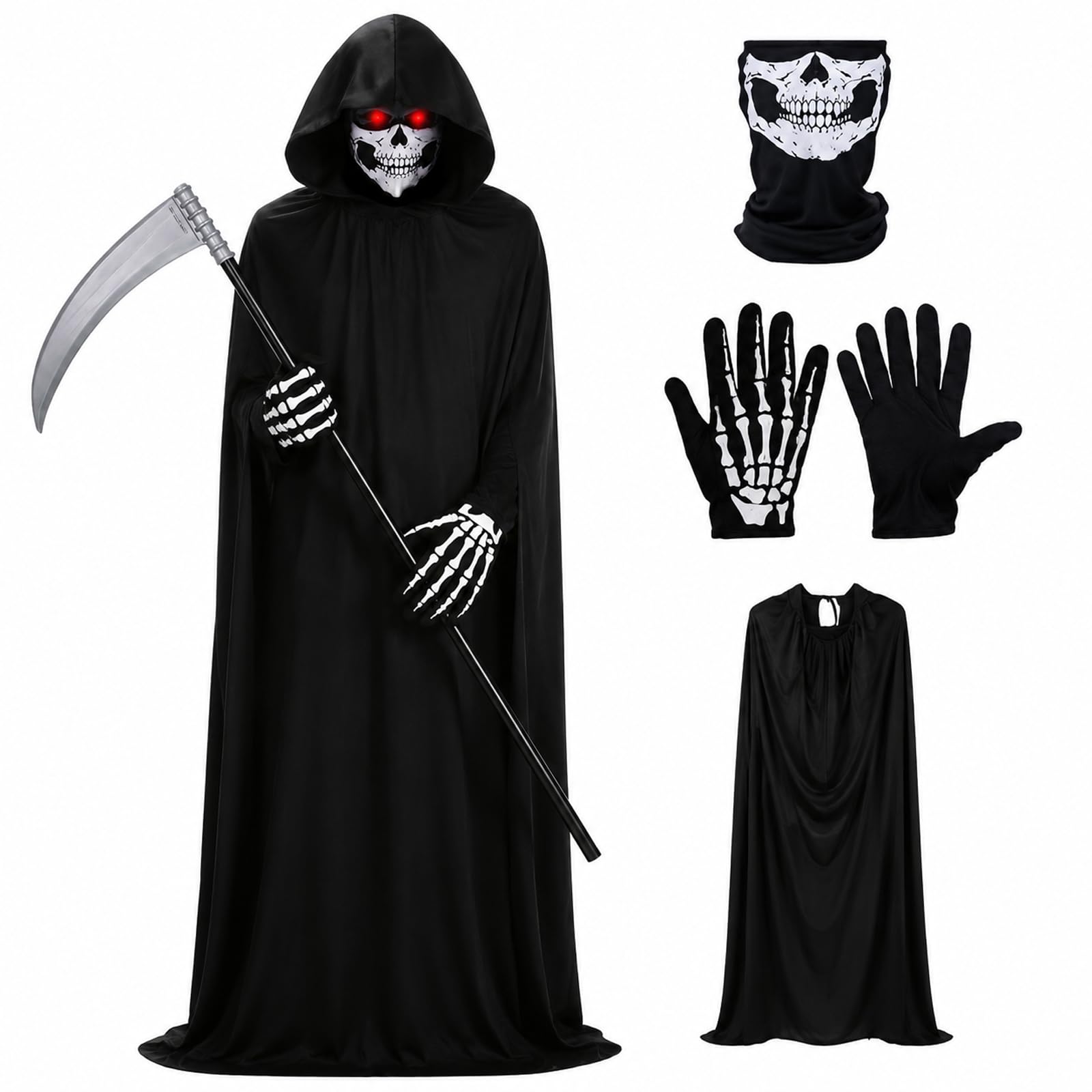 4 Piece Grim Reaper Costume Set with Hooded Cloak – Halloween Fancy Dress