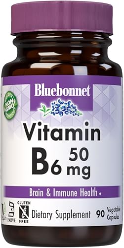 Bluebonnet Nutrition Vitamina B6 Cápsulas vegetales 50 mg para la salud del sistema cardiovascular y nervioso sin soja sin gluten Kosher sin lácteos