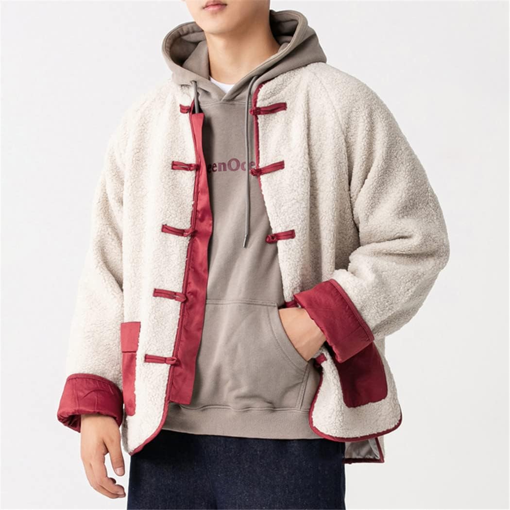 Chinese Style Contrast Color Lamb Wool Coat Winter Warmth Fleece Tang Suit Plus Size Retro Jacket Men Clothing