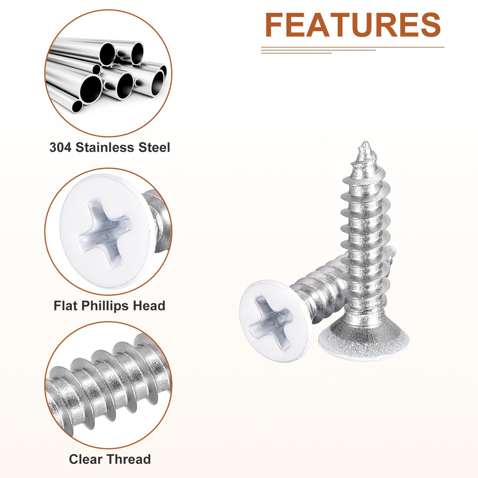 DTGN 100Pcs ST4x18mm Flat Head Wood Screws, 304 Stainless Steel White Phillips Self Tapping Screws - Image 4