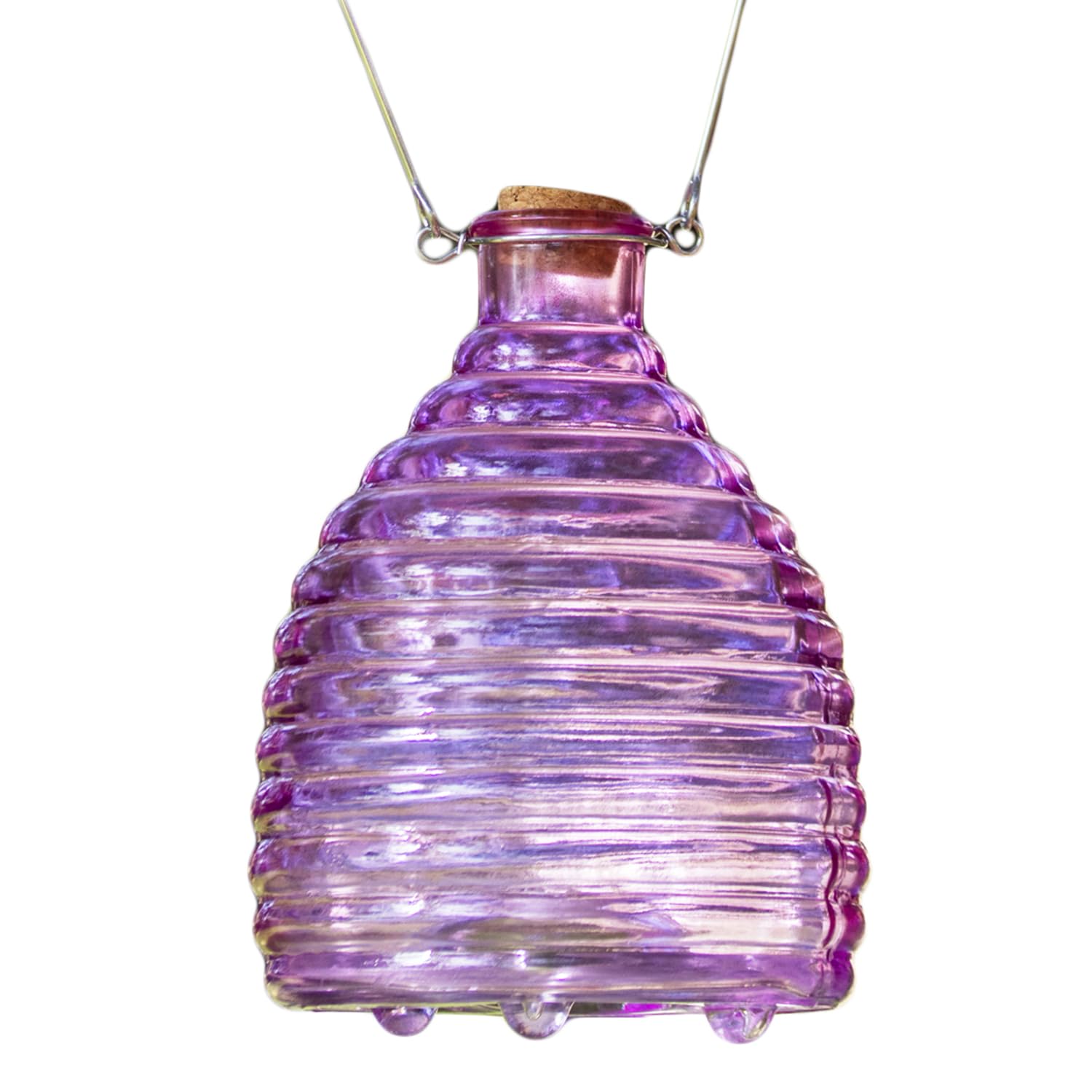 Pink Glass Ribbed Wasp Trap with Cork Stopper, Hanging Garden Fly Bug Catcher, 15x21x15 cm