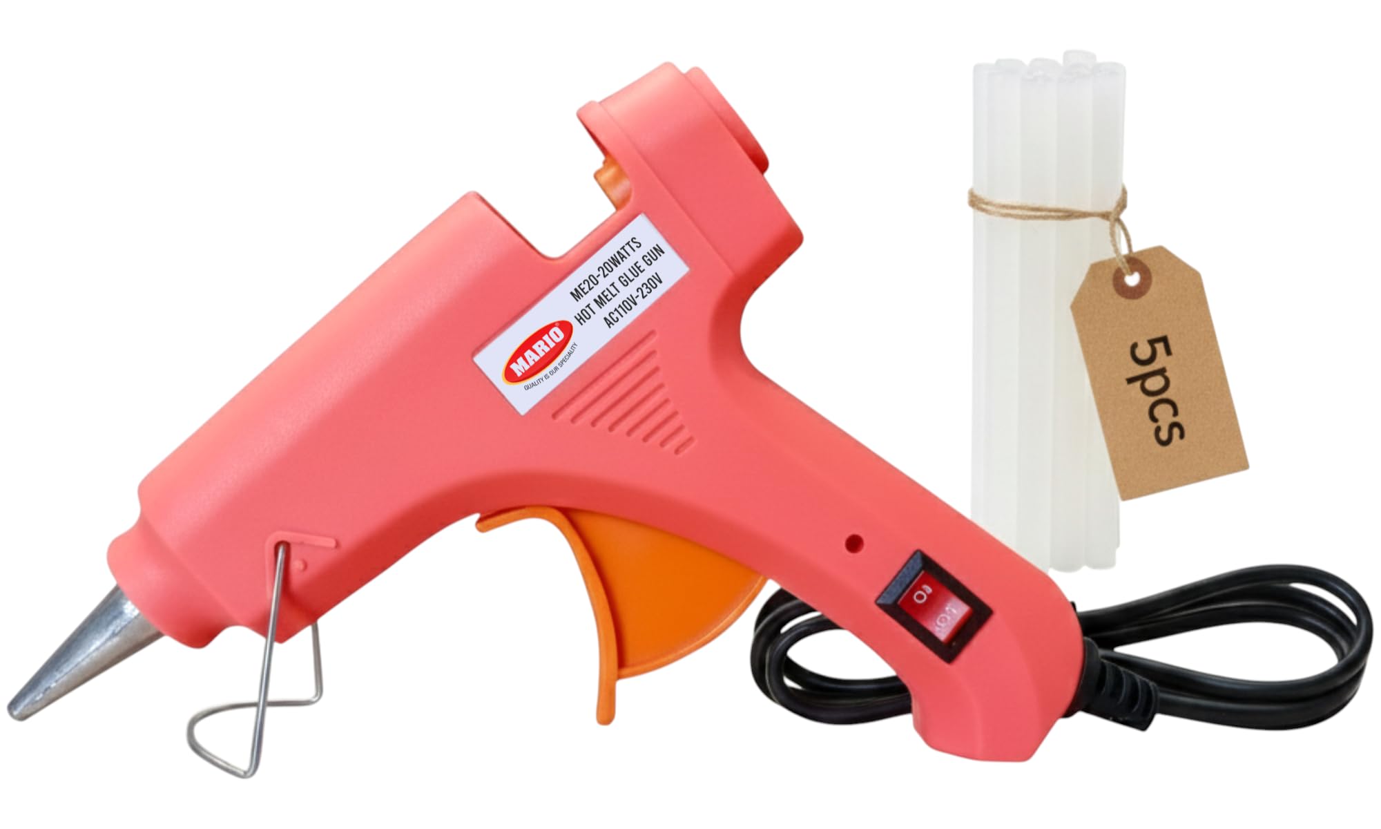 Mario 20W Light Weight Hot Melt Glue Gun with On/Off Switch, for DIY Works | High Durability | Includes 5 Glue Sticks | Red | Color May Vary - Model ME-20
