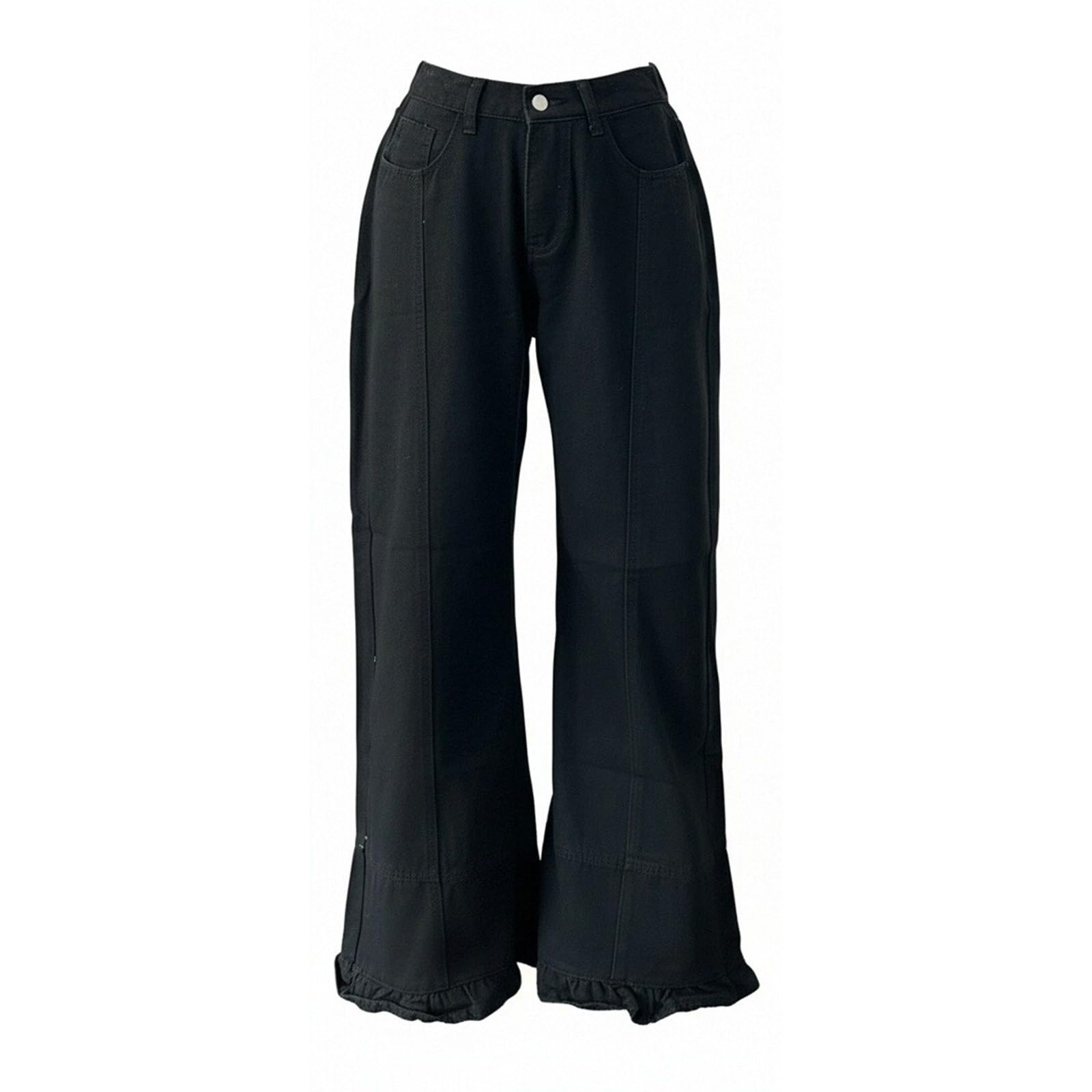 Jeans da donna taglie forti, jeans da donna a vita alta, gamba larga | Eleganti pantaloni in denim con volant, stile patchwork, stile Harajuku, per il tempo libero, per adolescenti e ragazze