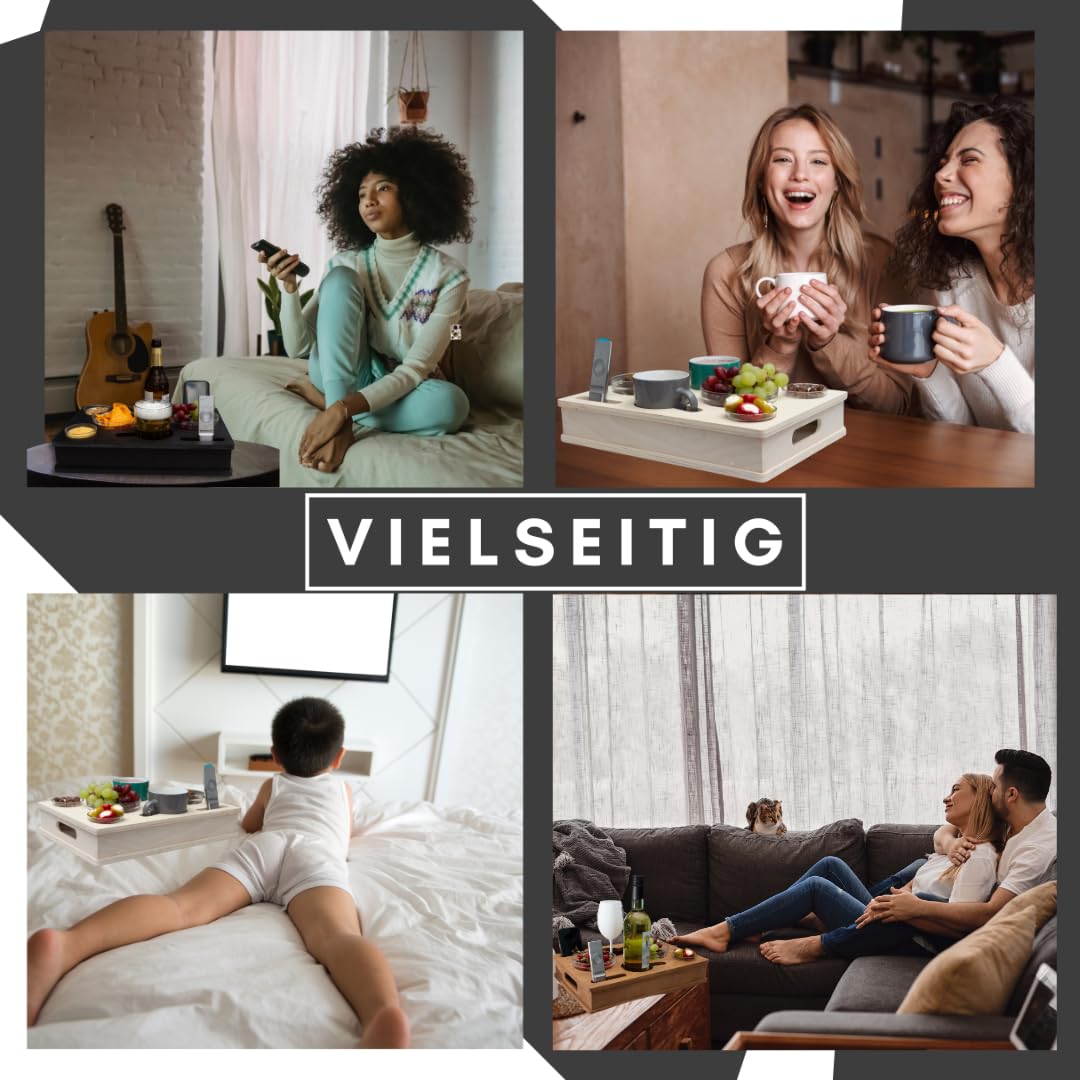 ALL IN ONE Couchbox mit 4 Glasschalen | Couchbar Snackbox personalisiert | Snackbar für die Couch | Couch Tablett mit Getränkehalter | Sofabar | Couch Butler für Kaffeetassen und Weingläser