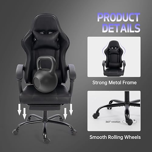 Miniatura 5 de Silla ergonómica para juegos con respaldo reclinable, silla de oficina de altura ajustable, reposabrazos 3D, cojín de alta densidad, soporte lumbar