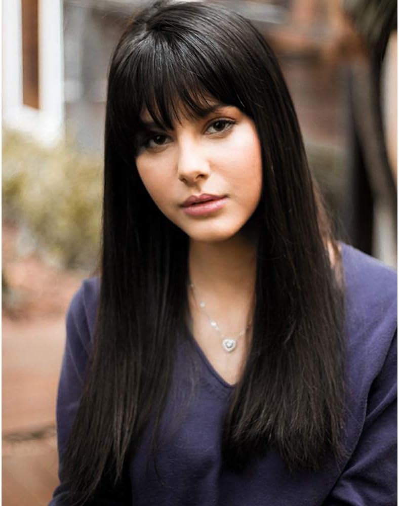 SueExquisite Long Bob Wig with Bangs Black Straight Fiber Synthetic Heat Resistant Natural Hair for Women(1b)