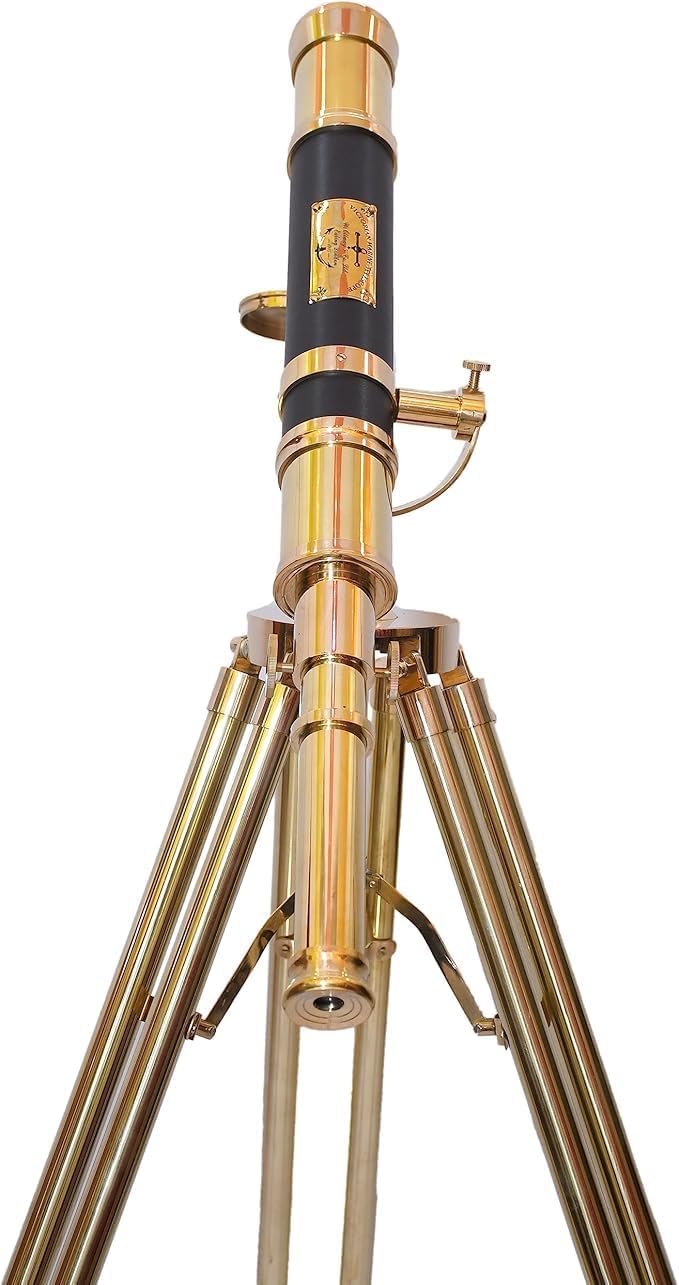 Antique Marine Brass Telescope with Wooden Tripod Vintage Nautical Spyglass with Black Leather Cover, Floor Standing Telescope for Sailing, Home Décor Gifts