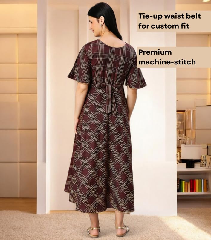 Image of DUMMY SHAPE Feeding Nighty | Maternity Dresses for Women Cotton Blend | Floral Pink Anarkali Kurta with Dual Nursing Zippers for Pregnancy & Breastfeeding | Gifts for Pregnant Women (