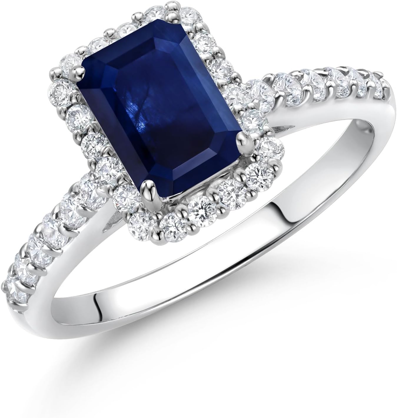 Gem Stone King 10K White Gold Blue Sapphire and White Lab Grown Diamond Halo Engagement Wedding Ring For Women | 1.90 Cttw ֿ| Emerald Cut 7X5MM | Wedding Anniversary Promise Ring For Women - Image 2