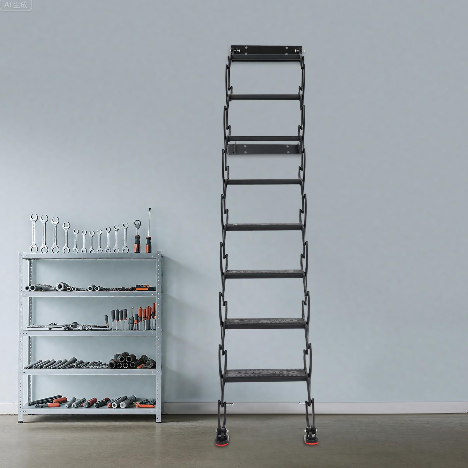Escalera plegable montada en la pared, escalera desplegable para ático, escaleras de acordeón para desván de 8 peldaños, capacidad de carga por escalón de 200 kg, de suelo a techo 220 cm, para