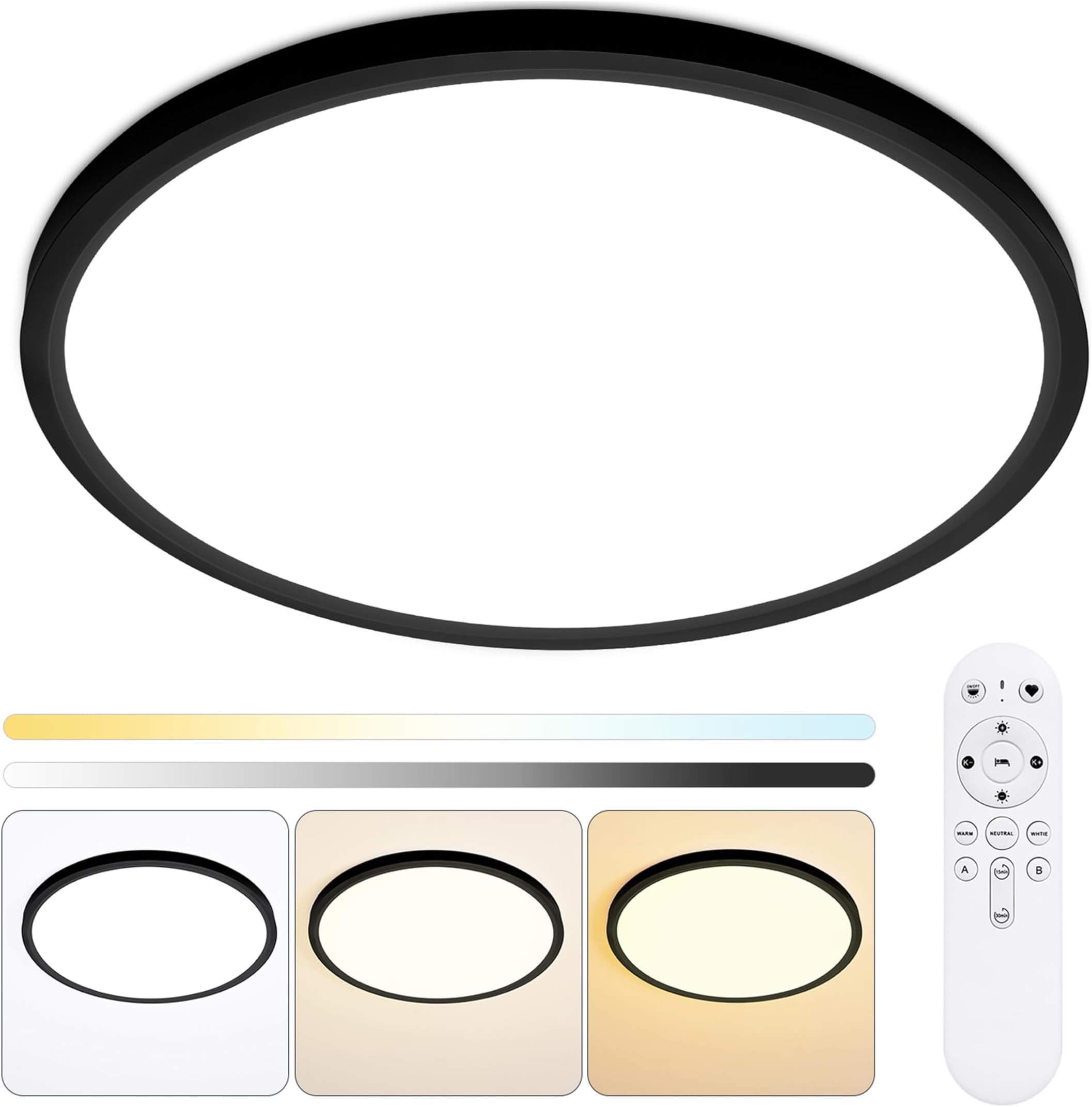 20 Inch LED Flush Mount Ceiling Light Fixture - 48W Dimmable Ceiling Light with Remote, 4800lm, 3000/4500/6000K Adjustable LED Kitchen Ceiling Lamp for Bedroom, Black