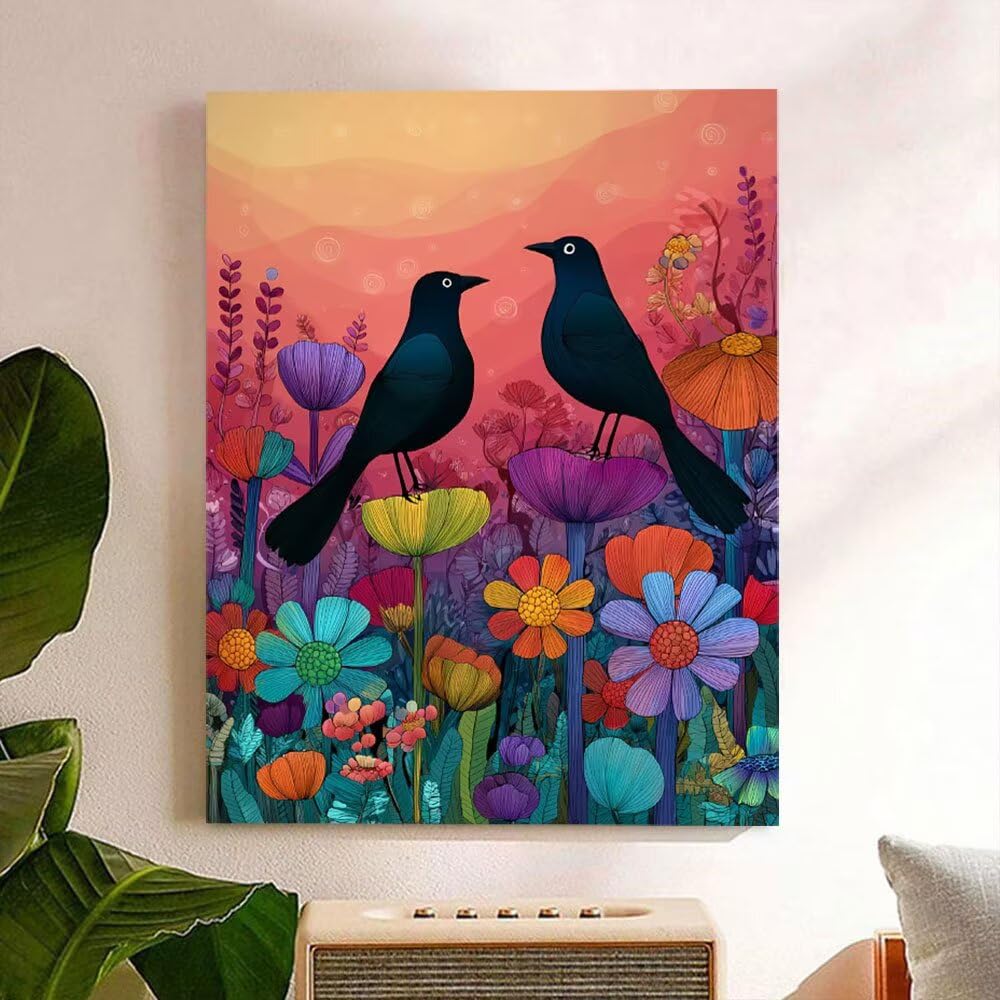 Malen Nach Zahlen Erwachsene DIY Komplettset - Hochwertige Acrylfarben & Leinwand - Entspannendes Kunsthandwerk für Anfänger & Fortgeschrittene - Ideales Home Deko - Krähe Blumen Motiv (80x100cm) C881