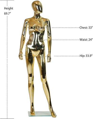 Miniatura 3 de Maniquí de cuerpo completo para mujer con cabeza y brazos rectos, 68 pulgadas de alto, dorado, torso de plástico con piezas desmontables y base de
