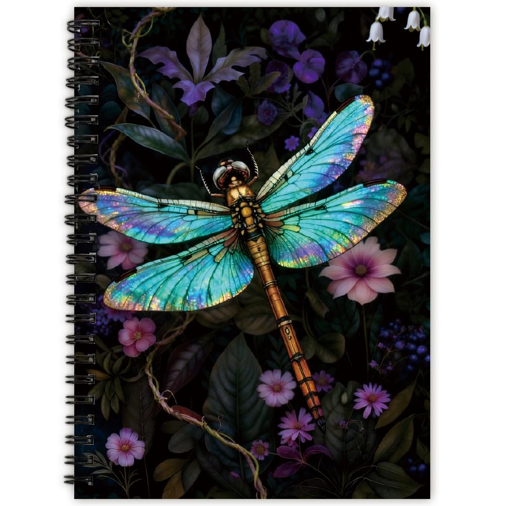 PRESSINART A5 Dragonfly Notebook Journal 160 Pages/80 Sheets, Spiral Notebook Bound Cute Lined Ruled Hardcover Waterproof Notepad with Pockets for Office Work Study Supplies Stationery Writing Notes