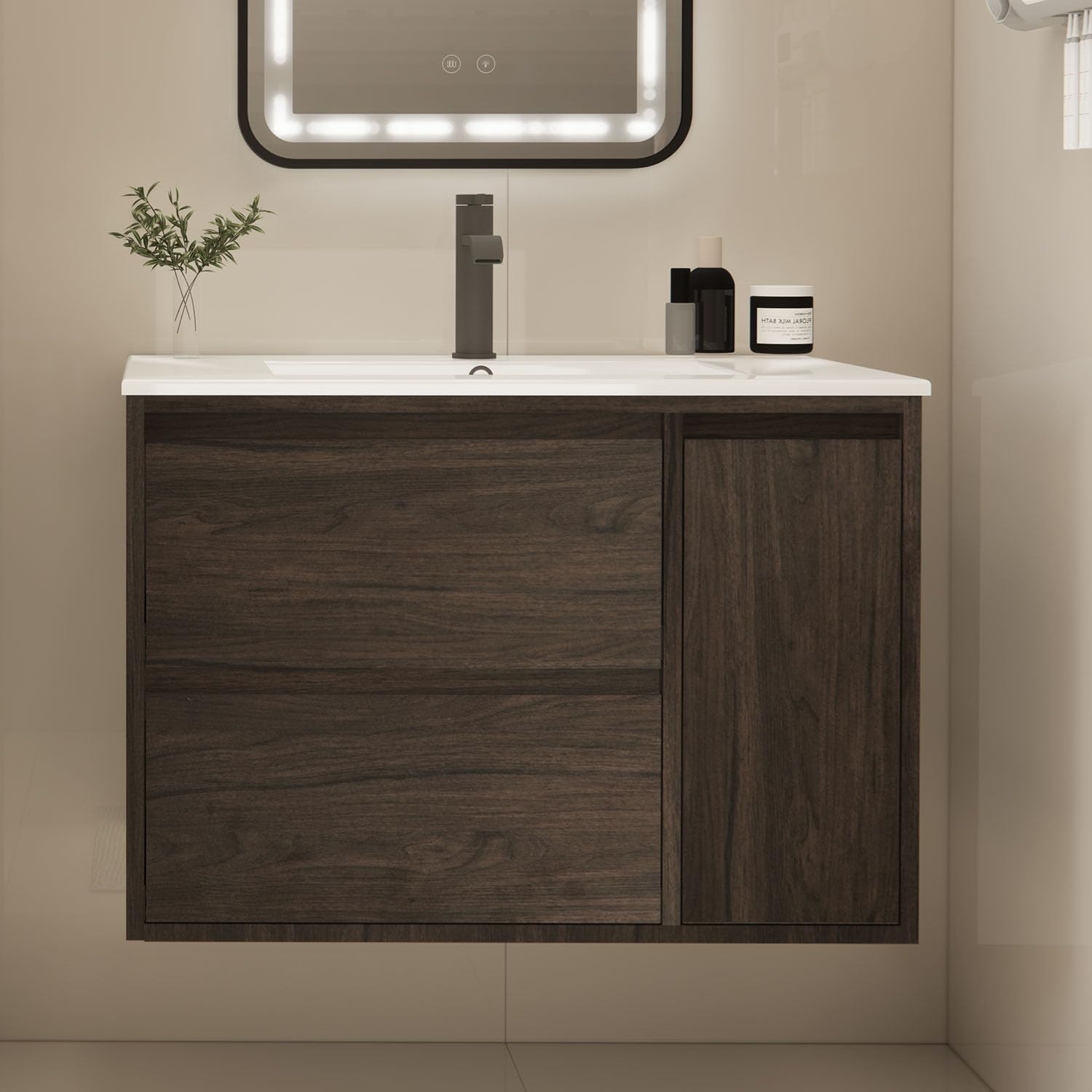 30" Bathroom Vanity with Sink, Floating Bathroom Vanity with Large Storage, Modern Bathroom Cabinet with Ceramic Sink, 2 Soft-Close Drawers and 1 Door