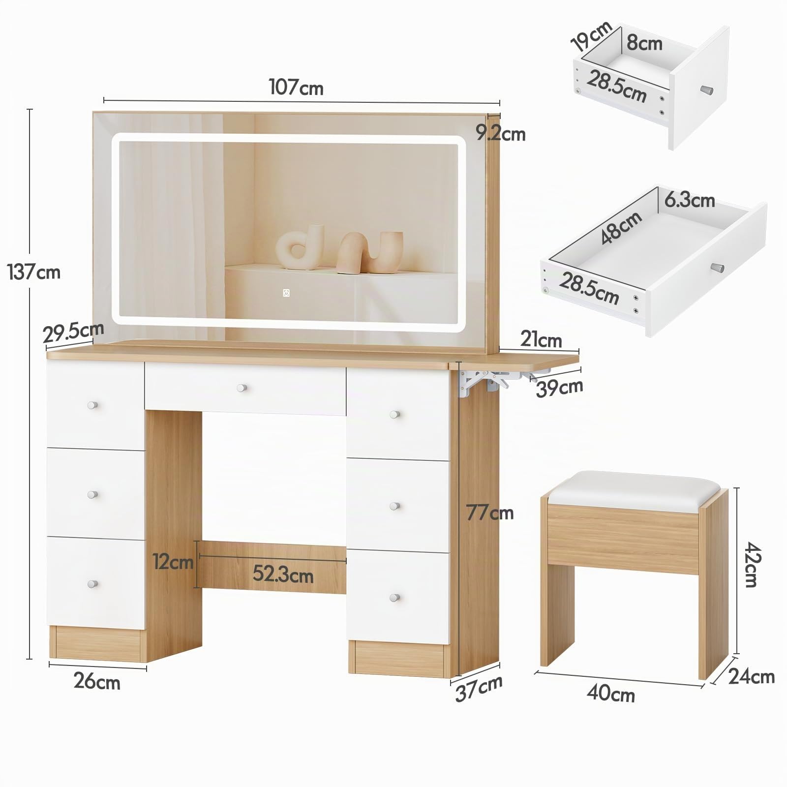 ALFORDSON Tocador con Espejo e iluminación, Juego de tocador de 90 cm con 4 cajones y Taburete de Almacenamiento, Luces LED Ajustables, tocador para Dormitorio de Mujeres y niñas, Madera