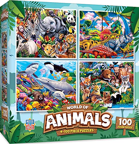 Image of MasterPieces Jigsaw Puzzle Set for Kids, 4-Pack of 100 Piece Puzzles, Educational Animal Theme, Fun Game, Gift Idea, 8 inch x 10 inch