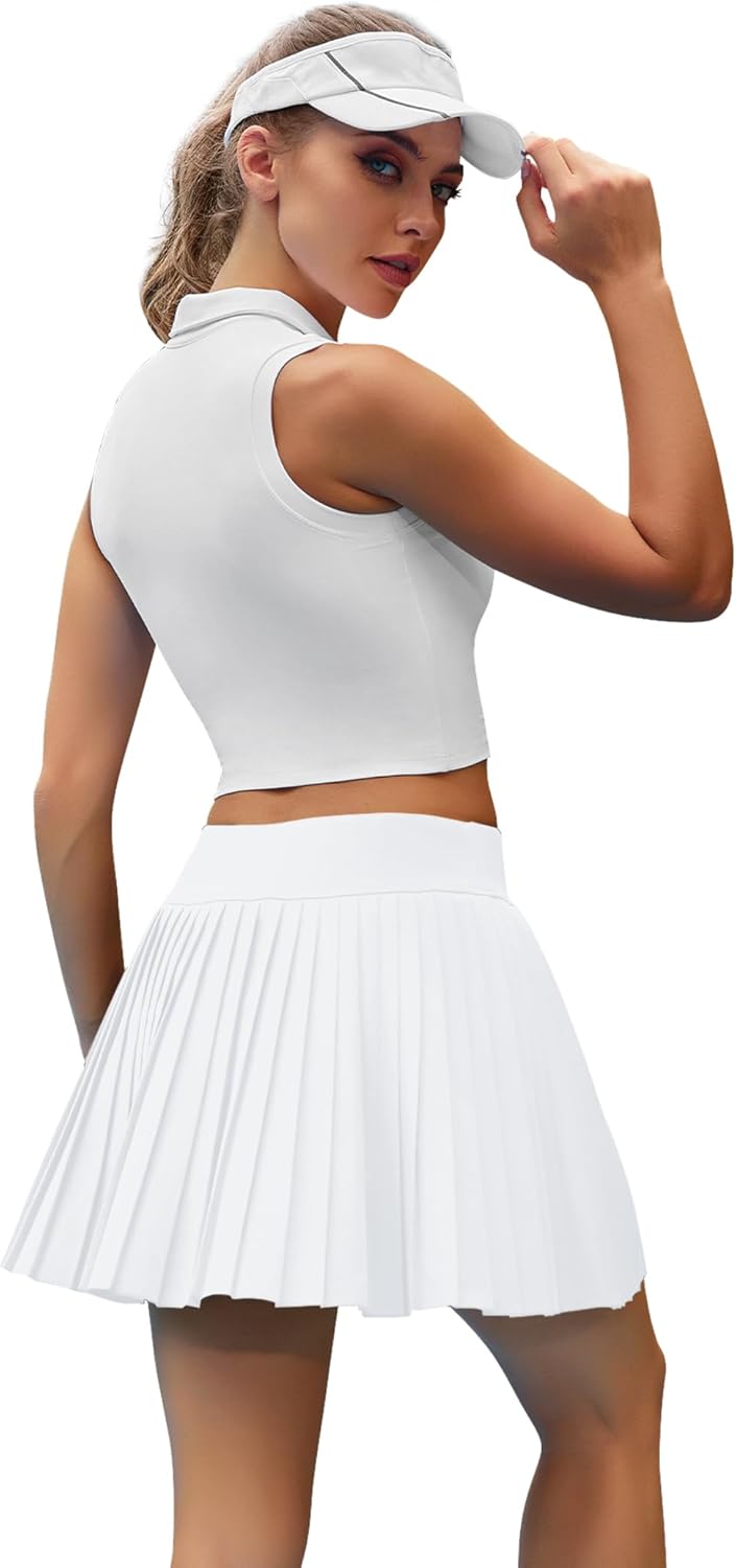 Womens Pleated Tennis Skirts High Waisted Skorts Golf Skirt Flowy Athletic Skort with Pocket Shorts White - Image 3