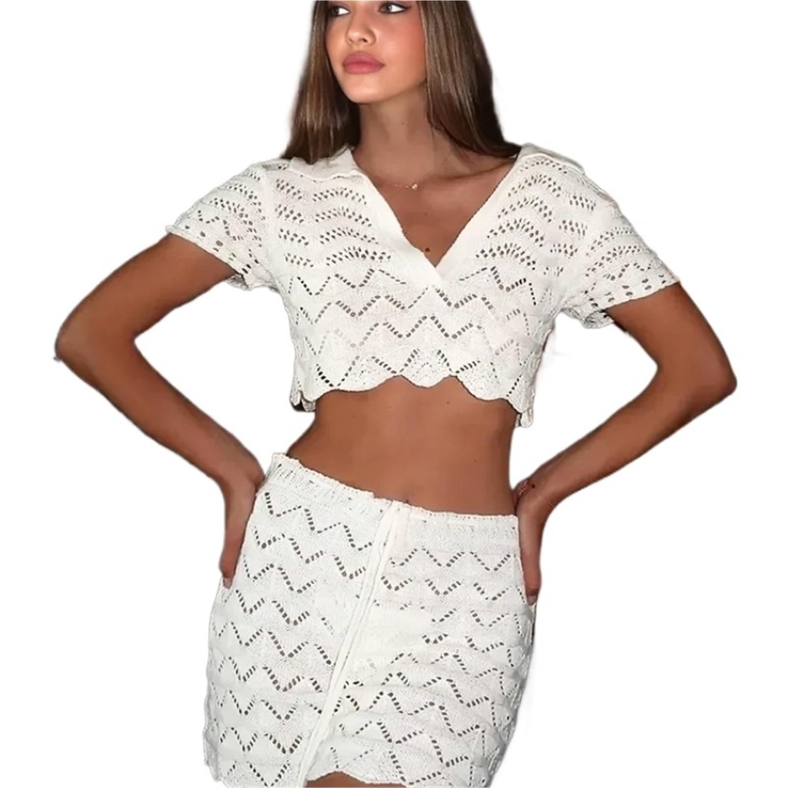 Strandkleid Bikini-Überzug, ausgeschnittenes Revers, V-Ausschnitt, kurzärmeliges Oberteil mit Schnürung, Mini-Halbrock, Damen-Badeanzug