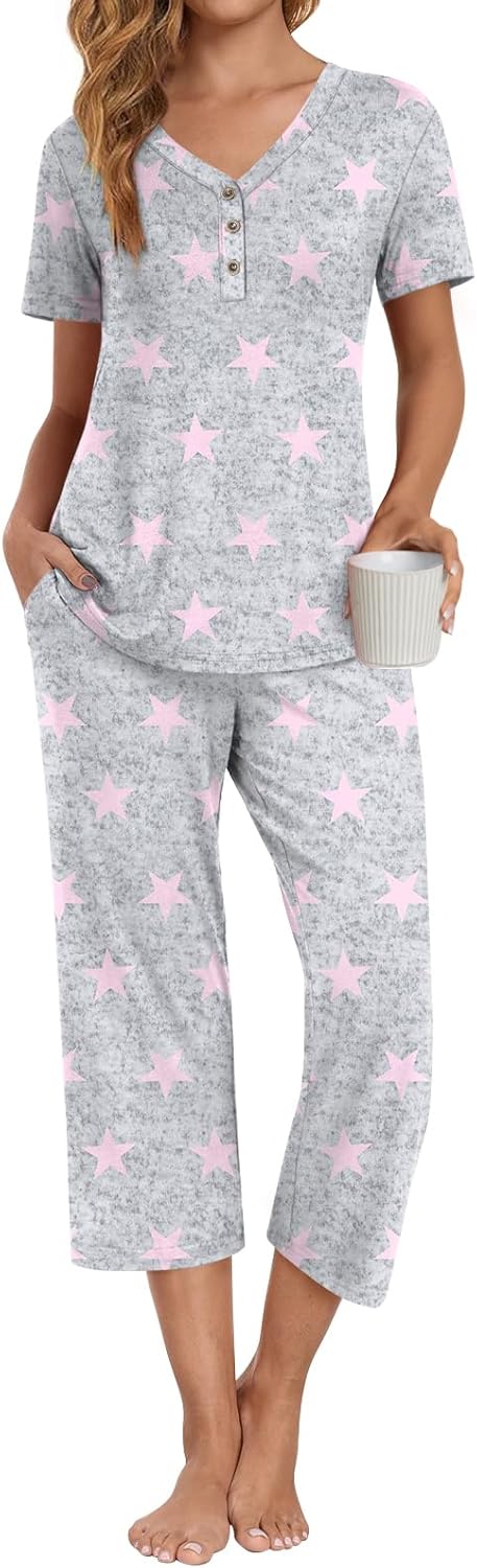 Anyally Women's Pajama Set Plus Size Short Sleeve Top and Pants 2 Piece Lounge Sets Summer Ladies Pjs Sets