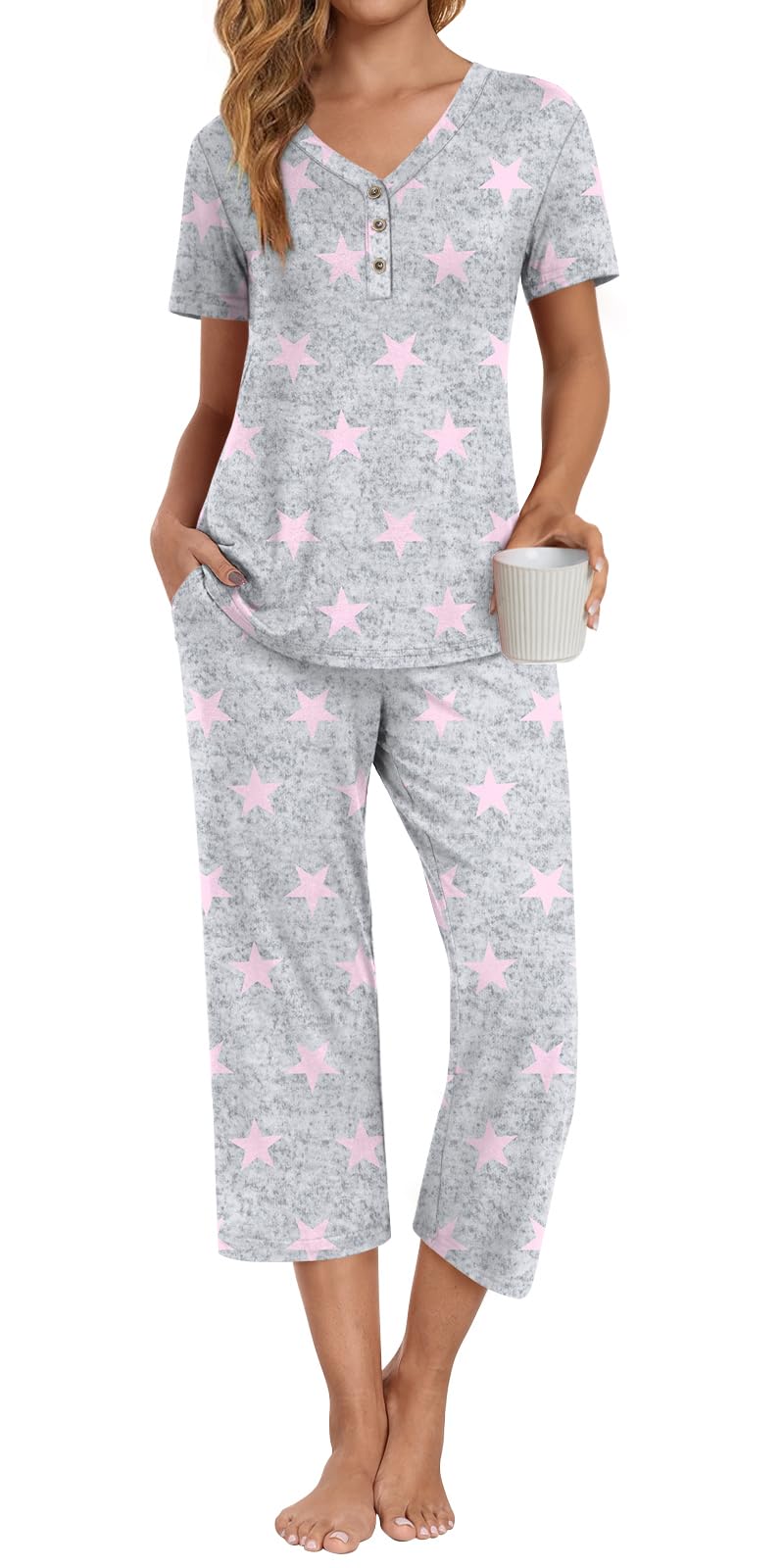 Anyally Womens Pajama Set Plus Size Short Sleeve Top and Pants 2 Piece Lounge Sets Summer Ladies Pjs