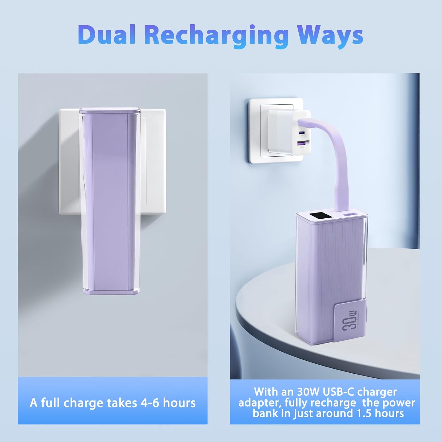 Miady Portable Charger showing two recharging methods: via wall plug and via USB-C adapter