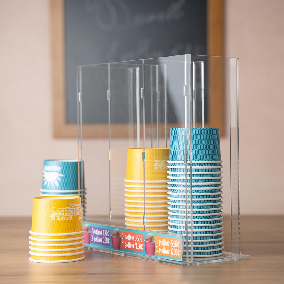 Danieli | Espositore Porta Coppette Gelato 3 Colonne in acrilico trasparente | Espositore da banco per coppette gelato a 3 scomparti con segnaprezzi in acrilico PTCX51