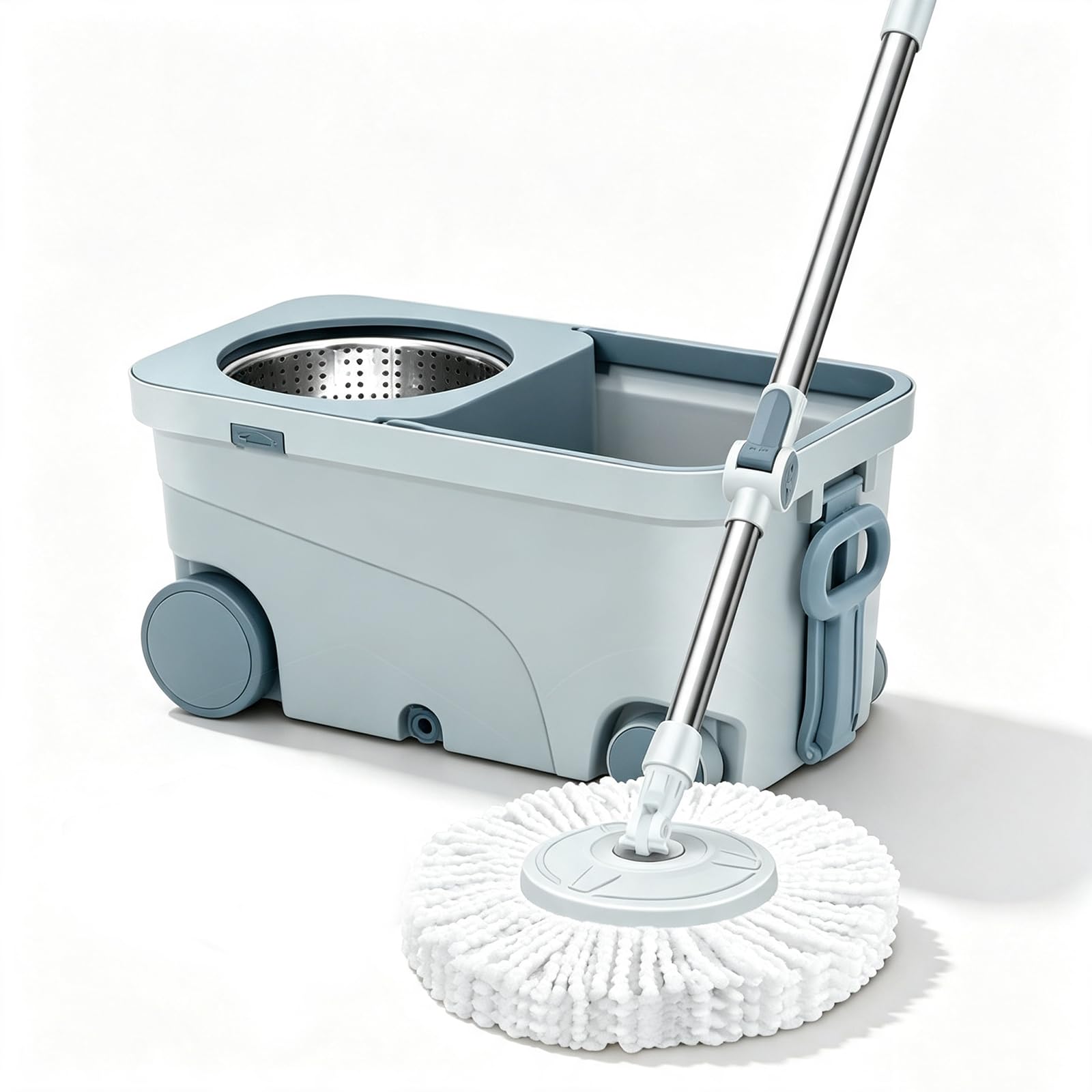 Juego de fregona y cubo giratorio, sistema de escurrido manos libres, | Trapeador seco giratorio de 360°, trapeador de limpieza de microfibra para pisos laminados de baldosas