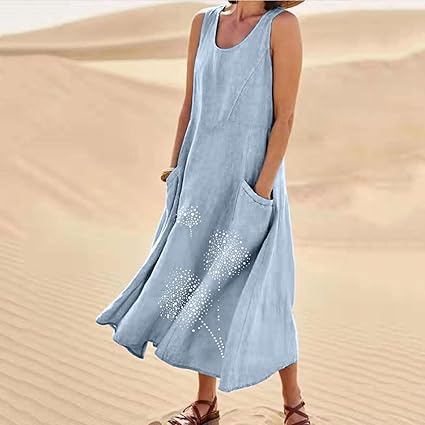 Abito Donna Boho Chic In Lino Di Cotone Floreale - Longuette Estivo Con Tasche, Per Spiaggia O Casual