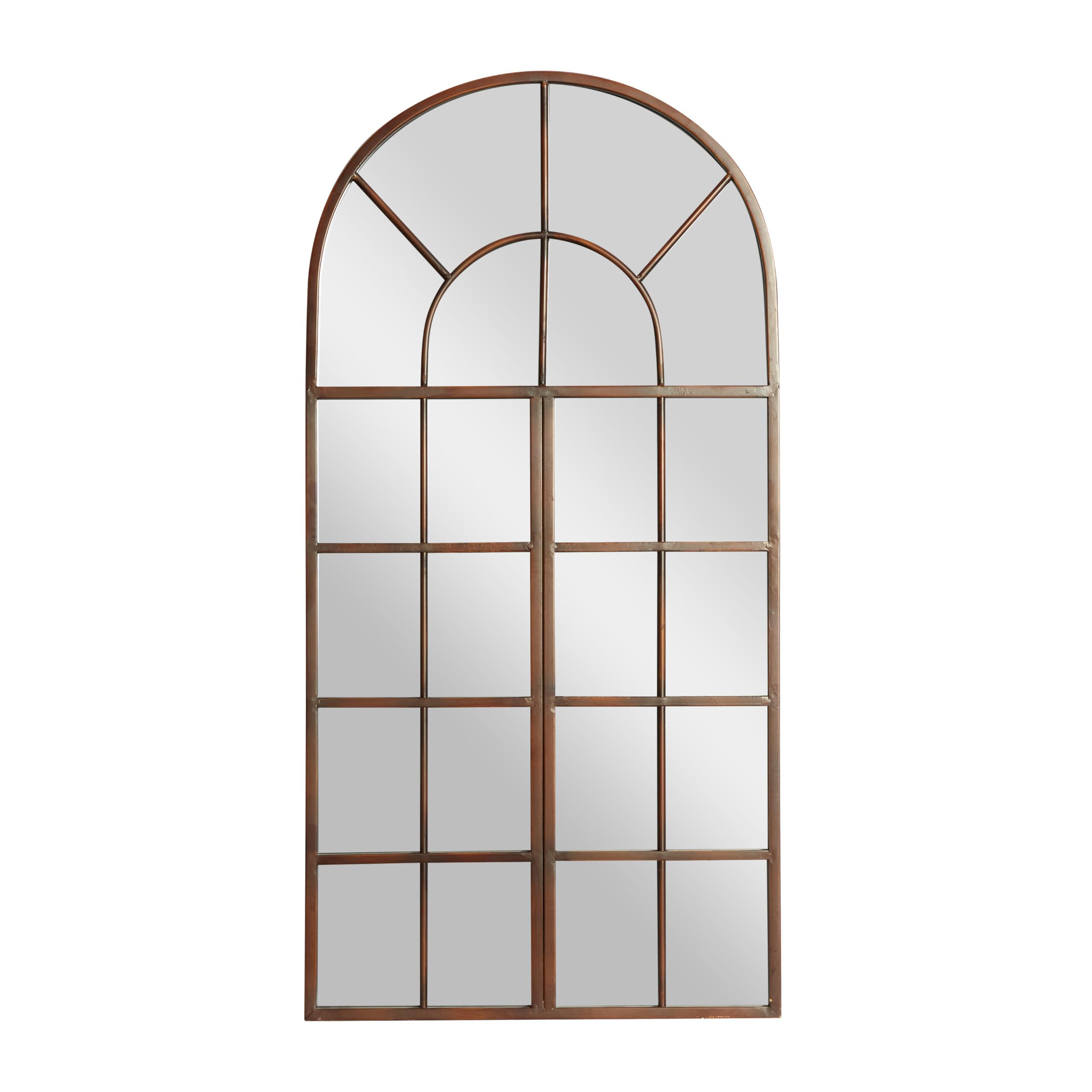 Deco 79 Metal Room Wall Mirror Arched Window Pane Entryway Mirror, Wall Mounted Mirror 24" x 2" x 48", Brown